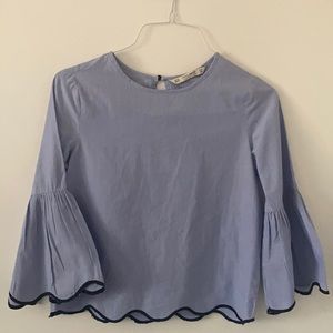 Zara Pinstripe Scallop Trim Bell Sleeve Blouse